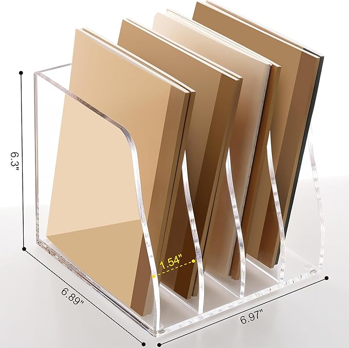 SANRUI Acrylic Desk File Organizer, 4 Vertical Compartments Clear Magazine File Holder Workspace Sorters, Folder Rack for Office Accessories Organization Storage