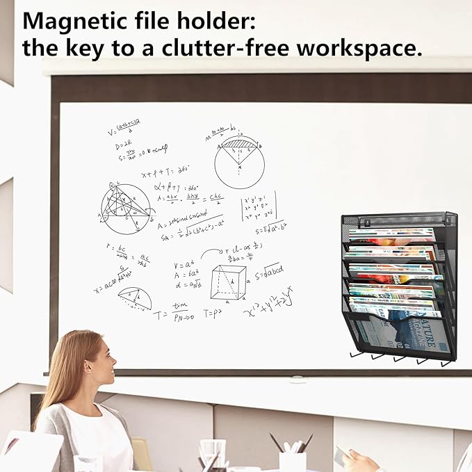 6 Tier Magnetic File Holder with Hook, Magnetic File Organizer Folder Holder, Wall File Organizer, Hanging Magnetic Paper Holder for File Cabinets, Office, Whiteboard, Magnetic Mail Holder