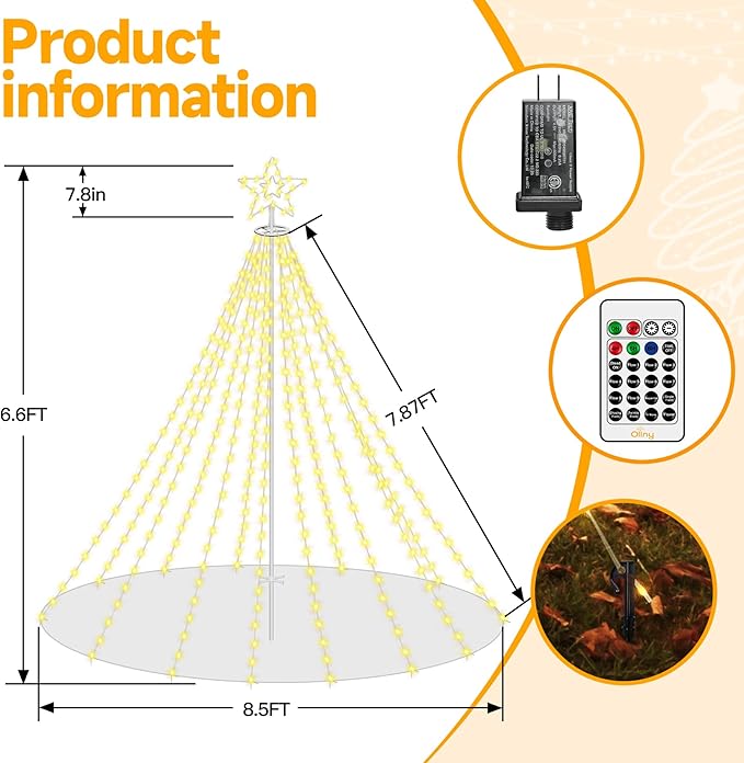 Ollny Christmas Lights Tree 340LED with Topper Star, IP67 Waterproof Remote Control Waterfall Lights with Pole, 16 Modes 3 Timers Dimmable Light Decorations for Outdoor Yard Garden Lawn(Warm White)
