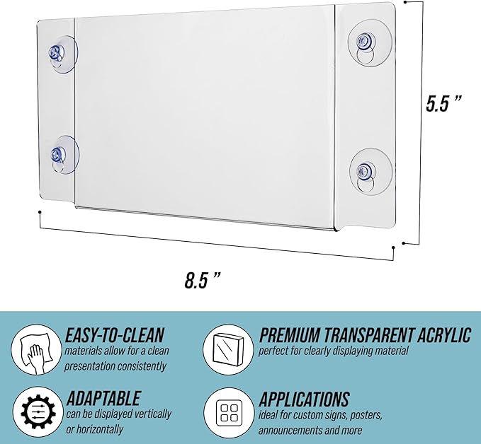 Adir Acrylic Sign Holder – Window Sign Holder with Suction Cups for Advertising and Promotion, Wall-Mount Display Frame, Clear Sign Holder Stand for Glass, Mall, Restaurants, Office - 2 Pack (8.5x5.5 Inch)