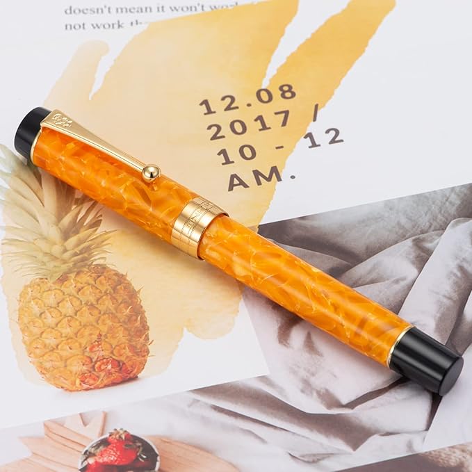 Jinhao 100 Fountain Pen Celluloid Classic Style, #6 Nib Smooth Writing Instrument with Refillable Converter and Pen Case Set