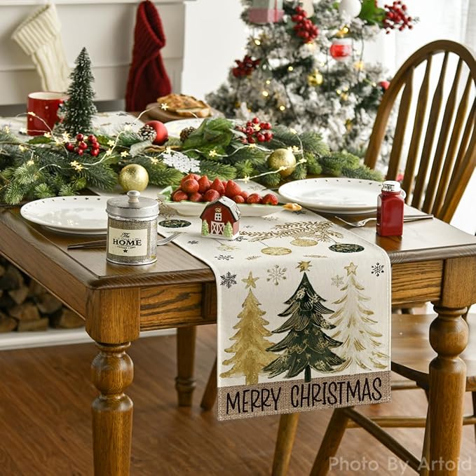 Artoid Mode Pine Trees Snowflake Merry Christmas Table Runner, Winter Xmas Holiday Kitchen Dining Table Decoration for Home Party Decor 13x72 Inch