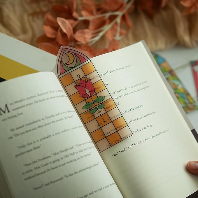 SWATOM 6 PCS Two-Sided Frosted Stained Glass Bookmarks for Reading Women Waterproof Transparent Plastic Bookmark Gifts for Book Lovers with Bookmark Holders ﻿
