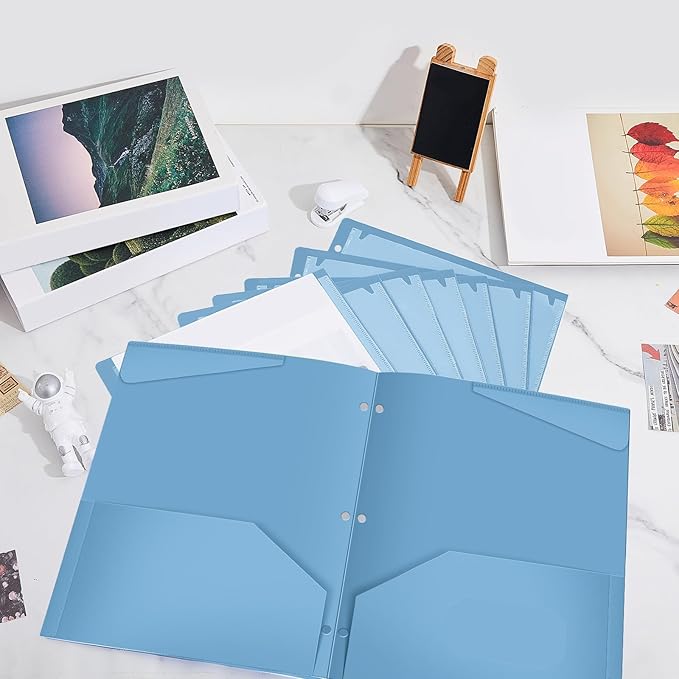 Henoyso 60 Pcs 2 Pocket Plastic Folders with Clear Front Pocket 3 Hole Punched File Folder Letter Size Take Home Documents Holder for Paper Holder Office Business Back to School Supply (Haze Blue)