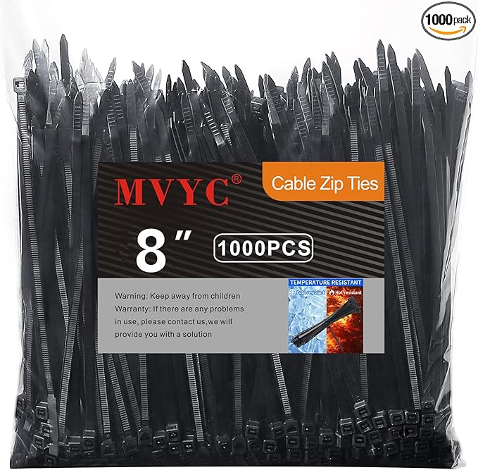 Zip Ties, Heavy Duty Cable and Wire Ties with 50 Ibs Tensile Strength and UV Resistance, for Home, Office, Garden, Workshop, Black (8 Inch, 1000 Pack)
