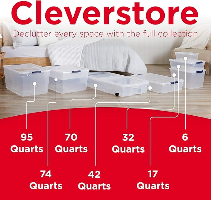 Rubbermaid Cleverstore Clear 32 Qt, 6 Pack Stackable Plastic Storage Containers with Durable Latching Clear Lids, Visible Storage, Great for Closet and Laundry Storage, Organizing in the Home