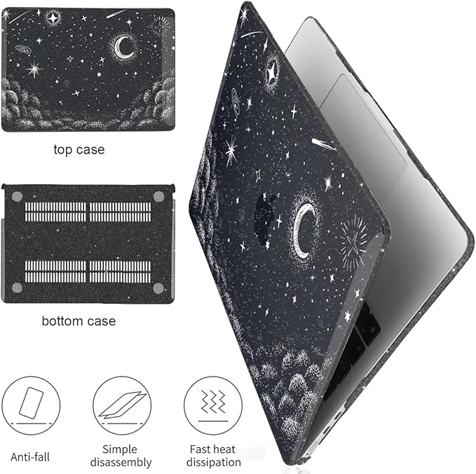 for 2022 2023 2024 2025 MacBook Air 13.6 inch Case M4 A3240 M3 A3113 M2 A2681 Cover, Glitter Black Printed Pattern Plastic Hard Shell Case Keyboard Cover for Mac Air 13.6 2025, Stars & Moon