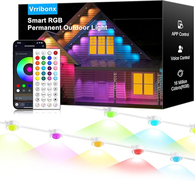 150FT Permanent Outdoor RGB Lights - IP65 Waterproof with Smart App Control Remote, DIY Scene Modes, Music Synchronization, Eaves Lights For Garden Decor, Deck, Christmas, Party, Party, Halloween,Roof