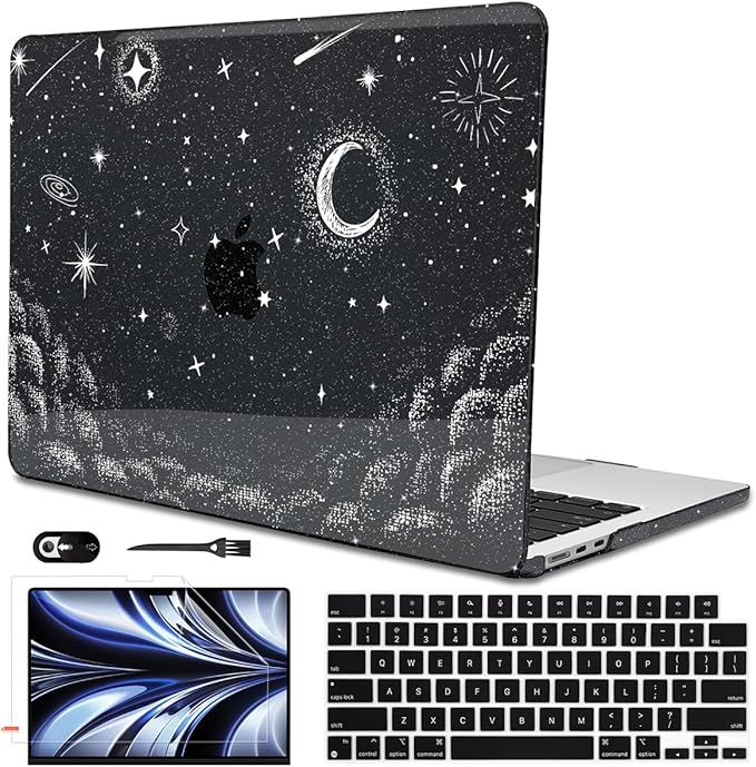 for 2022 2023 2024 2025 MacBook Air 13.6 inch Case M4 A3240 M3 A3113 M2 A2681 Cover, Glitter Black Printed Pattern Plastic Hard Shell Case Keyboard Cover for Mac Air 13.6 2025, Stars & Moon