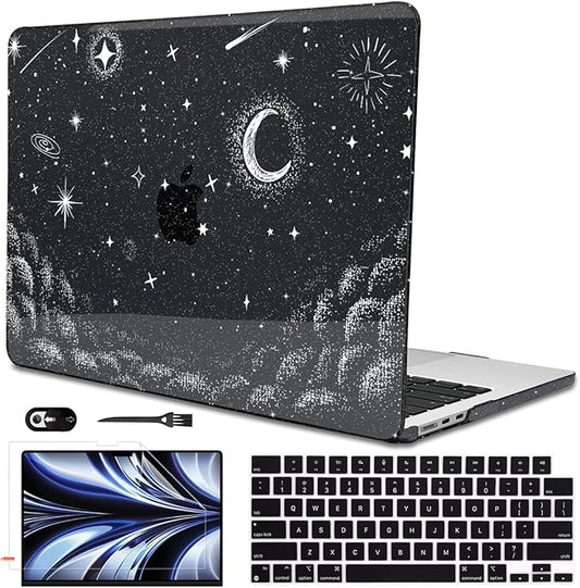 for 2022 2023 2024 2025 MacBook Air 13.6 inch Case M4 A3240 M3 A3113 M2 A2681 Cover, Glitter Black Printed Pattern Plastic Hard Shell Case Keyboard Cover for Mac Air 13.6 2025, Stars & Moon