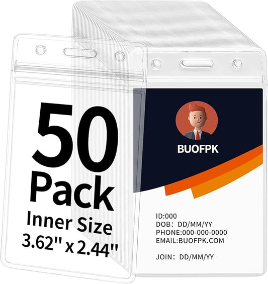 50 pcs Clear Vertical ID Badge Holder, Waterproof Plastic Name Tag Sleeve with Resealable Zip, 3.62" x 2.44"Card Protector for Nurse, Teacher, Student, Office, School Use