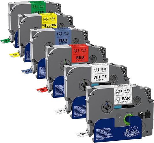 6-Pack TZe TZ Tape 9mm 0.35 Inch Laminated Multi Color Compatible for P Touch Label Tape TZe-121 221 421 521 621 721 for PTouch PT-H110 D210 D220 PT-H103W, Clear/White/Red/Blue/Yellow/Green