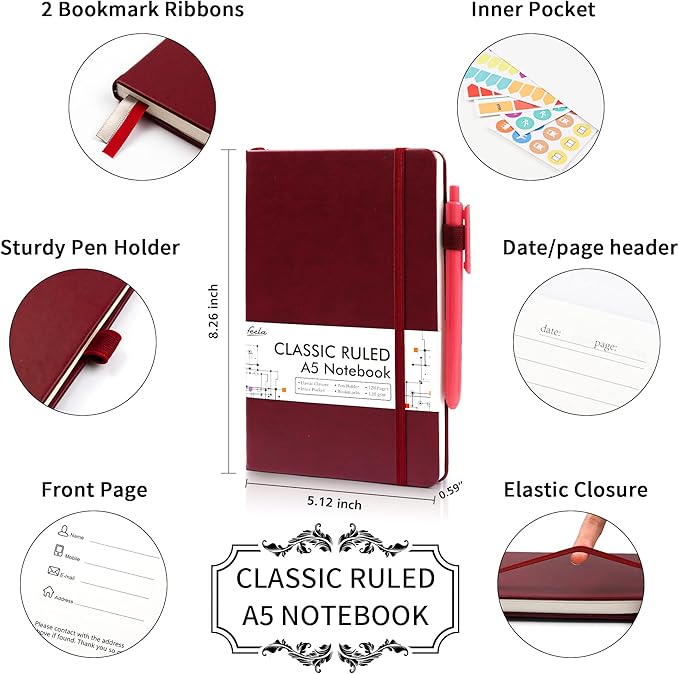 feela 5 Pack Journal Notebook Bulk for School, Hardcover Business Notebooks Classic Ruled Lined Journals with Pen Holder for Work Note Taking, with 5 Black Pens, 120 GSM, 5.1”x8.3”, A5, Wine