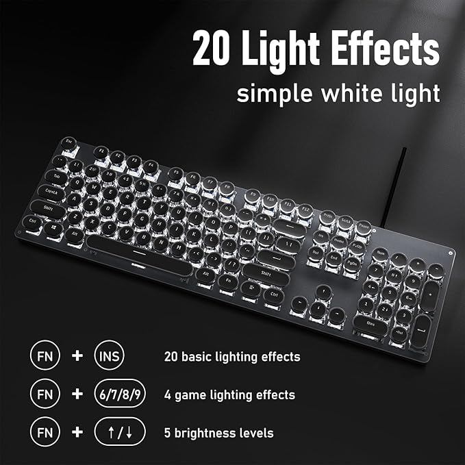 EWEADN TK100 Typewriter Keyboard Wired Mechanical Keyboard, 104 Keys Aesthetic Typewriter Keyboards with White Backlit, Anti-Ghosting, Blue Switch Wired Cute Keyboards-Black