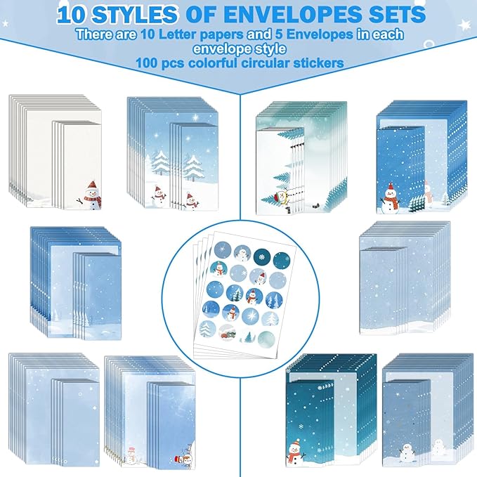 250Pcs Christmas Winter Stationery Paper and Envelope Set with 100 Letterhead Papers and 50 Envelopes,10 Design for Letter Writing Invitations Computer Holidays Party Notes, 8.5x11 Inch-Snowman