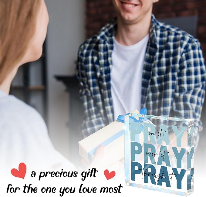 Religious Gifts for Women - Pray on it Pray over it Pray through it Acrylic Sign Decorative for Home Office Pastor Farmhouse Living Room Church Table Desk Bookshelf Decoration(blue)