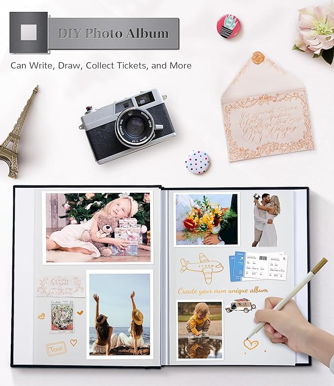 Photo Album Self Adhesive Scrapbook Album for 3x5 4x6 5x7 8x10 Pictures,40 Pages Linen Cover with Display Window DIY Photo Book,Ideal Gifts for Family Travel Wedding Baby