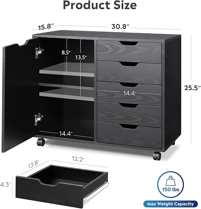 DEVAISE Mobile File Cabinet, 5-Drawer Wood Dresser Chest with Door, Printer Stand for Home Office, Black