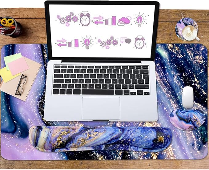 Keyboard Mouse Pad Set, Extended Mouse Pad+Keyboard Wrist Rest Support, Memory Foam Ergonomic Easy Typing, 3Pcs (35.4×15.7 in) Desk Pad Set for Home Office Study Game-Purple Marble
