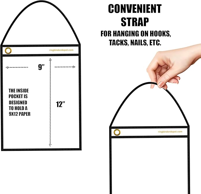 Officewerks Stitched Shop Job Ticket Holders with Strap, Heavy Duty 9" X 12" Clear Both Sides Plastic Sleeves with 1 Hole for Attaching to Machinery, File Cabinets, Racking, Hanging (15 Pack)