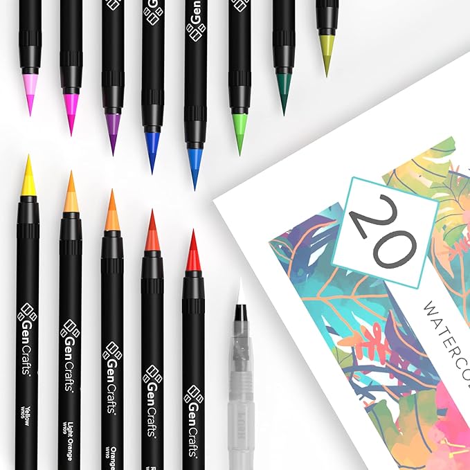GenCrafts Watercolor Brush Pens Set of 20 Premium Colors - Real Brush Tips - No Mess Storage Case - Washable Nontoxic Markers - Portable Painting