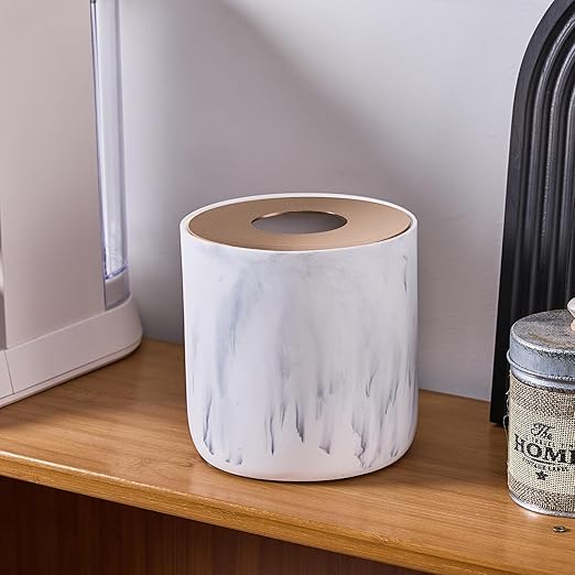 White Marble Textural Mini Trash Can with Rose Gold Stainless Steel Lid, Small Countertop Trash Can for Bathroom Kitchen,Desk Trash Can,Table top Mini Garbage Cans,Resin Tiny Waste Basket for Vanity