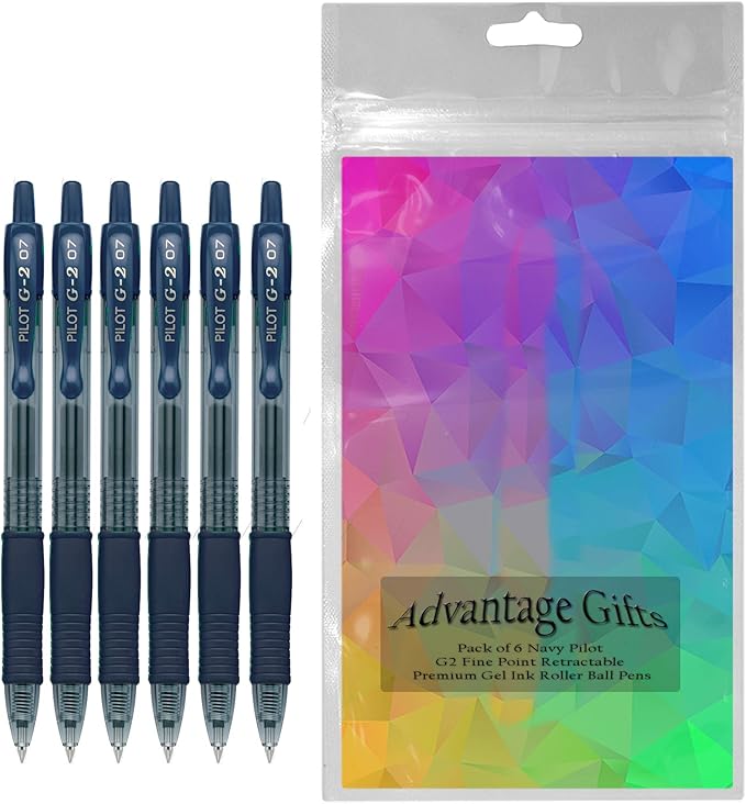 G2 Retractable Premium Gel Ink Roller Ball Pens Fine Point Fine Point (.7mm) Navy Ink 6-pk; Refillable & Premium Comfort Grip Bundle with Plastic Reusable Pouch