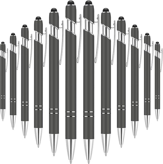 Tenare 12 Pieces 2 in 1 Stylus Metal Ballpoint Pen with Stylus Tip, 1.0 mm Black Ink Ballpoint Pen for Touch Screens(Gray and Silver)