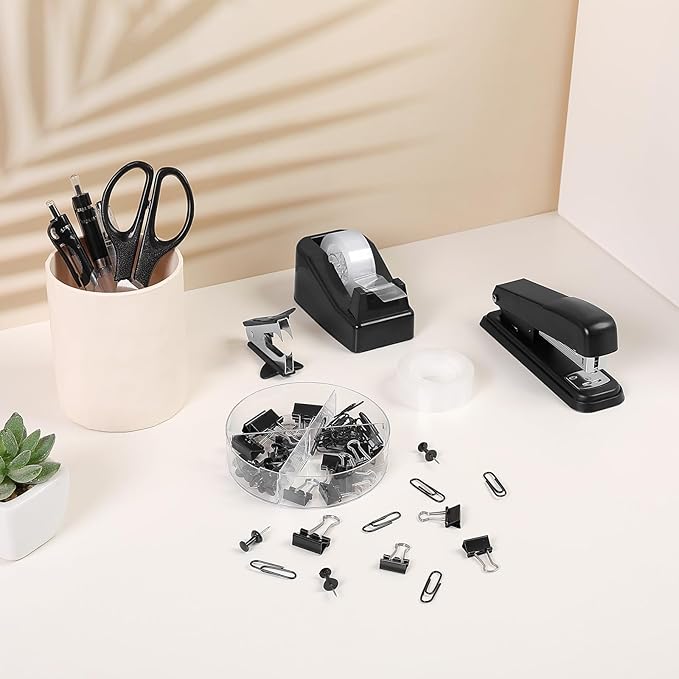 SKYDUE Black Office Supplies Set, Black Desk Accessories, Stapler, Tape Dispenser, Scissors, Binder/Paper Clips and 1000pcs Staples, Desk Supplies Set
