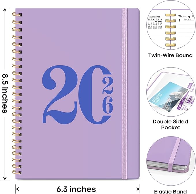 2026 Planner, Weekly and Monthly Calender Planner, Jan 2026 to Dec 2026, Hardcover 2026 Calendar Planner Book with Tabs & Inner Pocket, Office Home School Supplies for Women & Men - A5 (6.3" x 8.5"), Purple