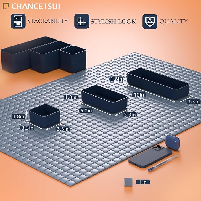 Drawer Organizers, Storage Plastic Desk Bins Stackable Organizers Tray, Bathroom Dividers Small Makeup Bin Clothes Organizing Trays for Containers Vanity Office Cabinet Sliverware Set, Blue