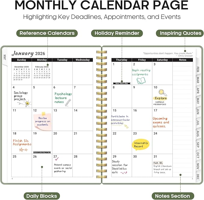 2026 Planner, Weekly and Monthly Calender Planner, Jan 2026 to Dec 2026, Hardcover 2026 Calendar Planner Book with Tabs & Inner Pocket, Office Home School Supplies for Women & Men - A4 (8.5" x 11"), Green