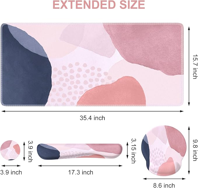 iCasso Desk Mat, Gaming Mouse Pad Wrist Support Set, XXL Large Mousepad + Keyboard Wrist Rest+Mouse Wrist Rest+Coastert with Ergonomic Design for Home Office Computer (C-Four-Pink-Block)