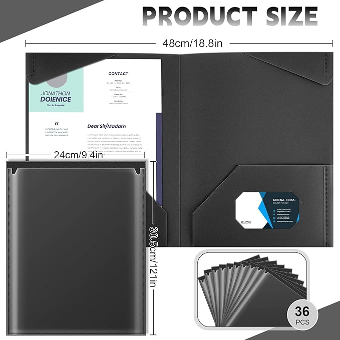 Henoyso 36 Pcs Plastic Folders with Clear Front Pockets Heavy Duty File Folders with 2 Pockets and Card Slot for Student Communication School Office Presentation Report (Black)