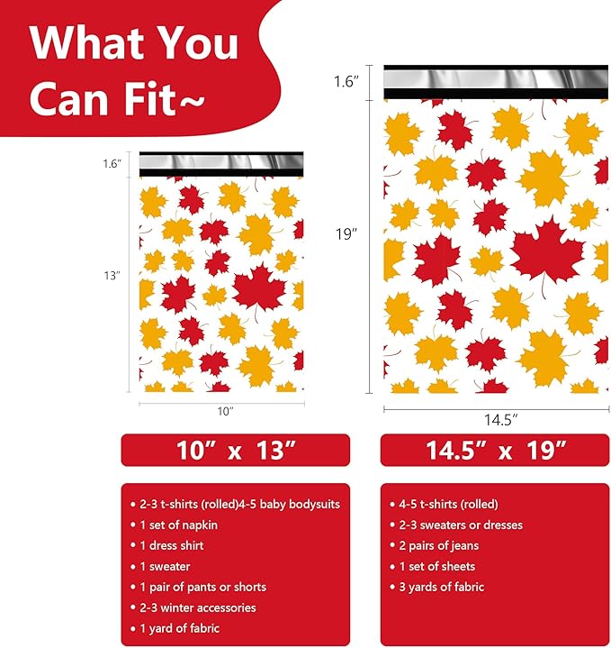 Poly Mailers 14.5x19 Inch 50 Pcs - Maple Leaf printed Shipping Bags, 2.4mil Thickness, Waterproof and Tear Resistant Mailing Envelopes, Self-Sealing Packaging Bags for Small Business
