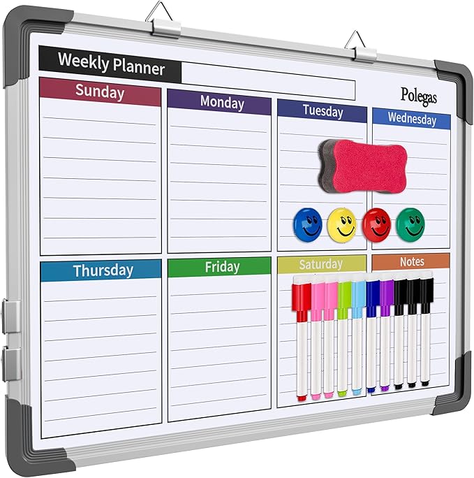 Dry Erase Calendar Whiteboard for Wall, Polegas 16" X 12" Magnetic White Board Board, Small Wall Monthly Double Sided Boards Student, Home, Office (Red)