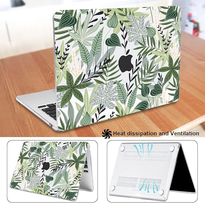 for MacBook Air 13.6 inch Case 2025 M4 A3240 2024 M3 A3113 2022 2023 A2681 M2 Chip, Crystal Plastic Pattern Hard Shell Case Cover for Mac Air 13.6 M4 2025 Touch ID, Tropical Green Leaves