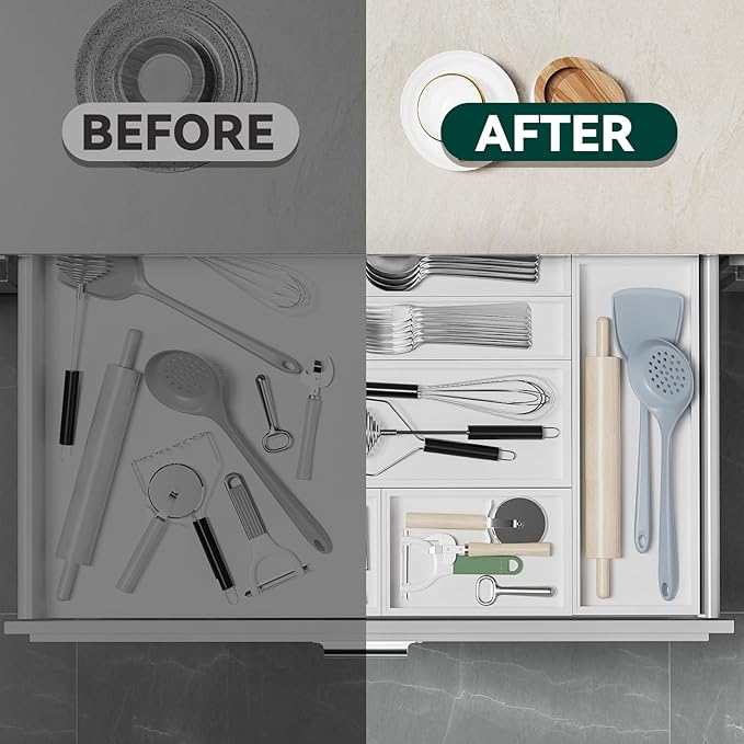 Bamboo Drawer Organizer, Cutlery Silverware Organizer for Kitchen Drawer, Stackable Utensil Organizer, 2 Pcs Flatware Organizer for Drawer, Wooden Storage Box Tray (White, 12 X 6 X 2 Inch)