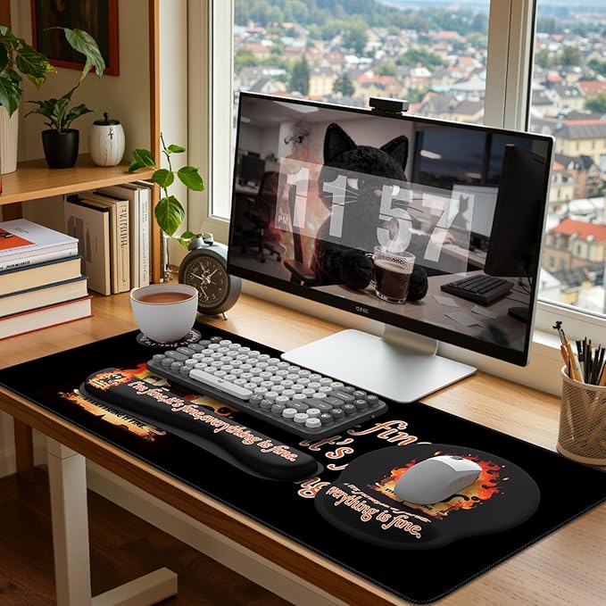 iCasso Black Desk Mat Set,Ergonomic Wrist Pad for Mouse,Funny Cat Dumpster Fire Desk Accessories, Anime Computer Mat, Non-Slip Large Desktop Cover Protector for Office Home Dorm