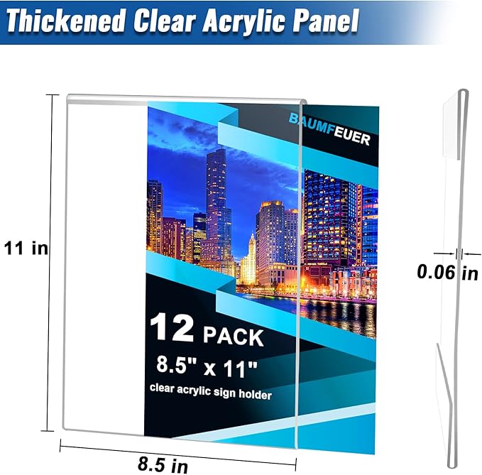 12 Pack Acrylic Sign Holder 8.5 x 11, Clear Plastic Wall Sign Holder with Adhesive Tape Wall Mount Display Stand Paper Holder for Menu, Office, Home, Store, Restaurant No Drilling Needed