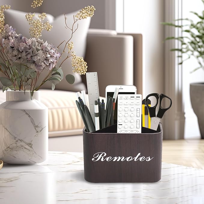 Hennaja Square Leather Art Supply Organizer,Remote Control Holder with Removable Dividers,360°Rotatable Pencil Holders,4 Compartments Organizer for Office Supplies Storage Box(1-Dark Brown)