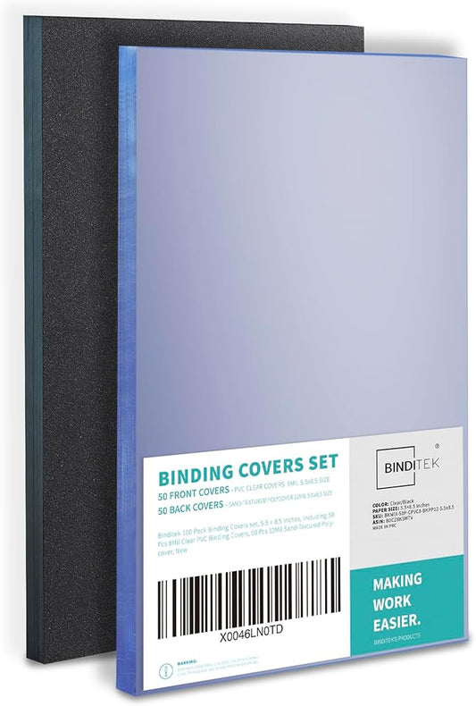 Binditek 100 Pack Binding Covers and Backs Set, 5.5 x 8.5 Inches, 50 Clear PVC (8Mil), 50 Sand-Textured Polycovers (12Mil), Half Letter Size