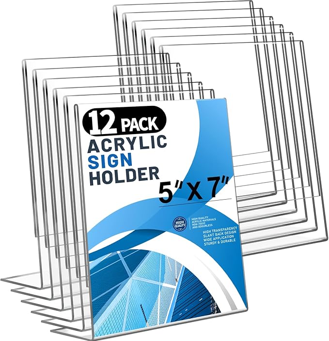 Aheroi 12Pcs Acrylic Sign Holder, 5x7 Clear Sign Holders, L-Shape Table Sign Holders Paper Stand, Plastic Sign Holder Standing, Paper Display Stand for Menu Document Display, Activities Supplies