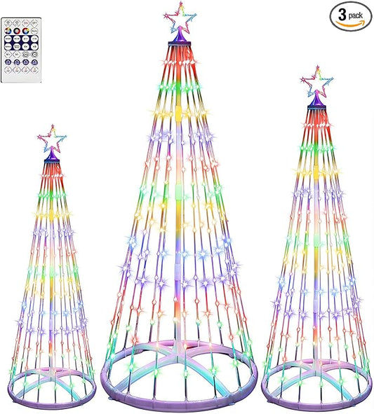 3 Pack 6/7/8FT Christmas LED Cone Tree Lights 24 Modes Color Changing with Timer Foldable Lighted Trees Waterproof Outdoor String Lights Holiday for Christmas New Year Xmas Decorations