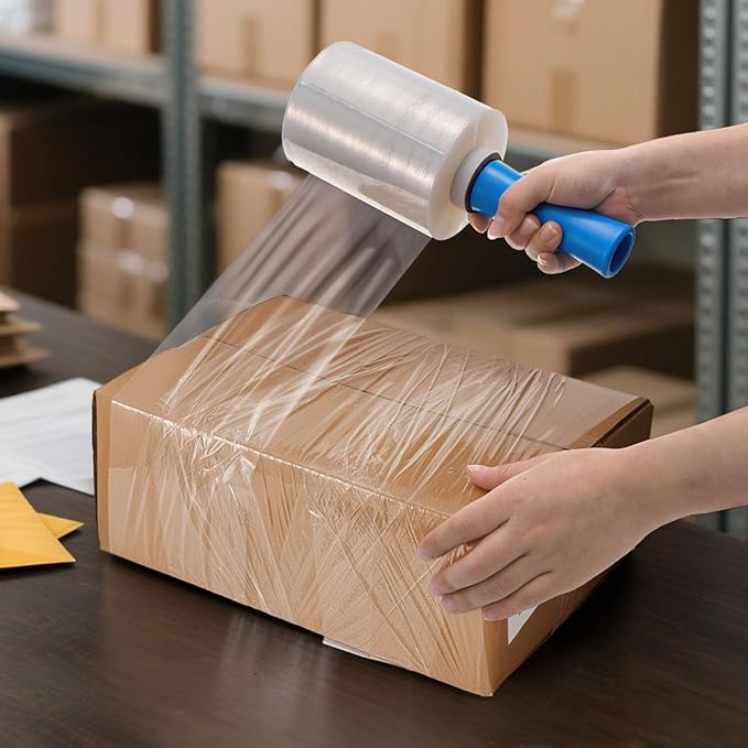 3 Pack 5" x 1000ft Clear Industrial Stretch Wrap Film, 100 Gauge Mini Plastic Wrap with Handle, Heavy Duty Stretch Film Roll, Thick Cling Pallet Wrap for Packing, Moving Supplies, Packaging