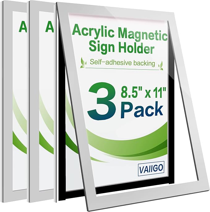Acrylic Sign Holder 8.5" x 11" Wall Mount, Self Adhesive Magnetic Display Frame with Nano Tape, Plastic Clear Document Frame for Office, Store, School, Home, Wall Picture Frame (Silver, 3Pack)