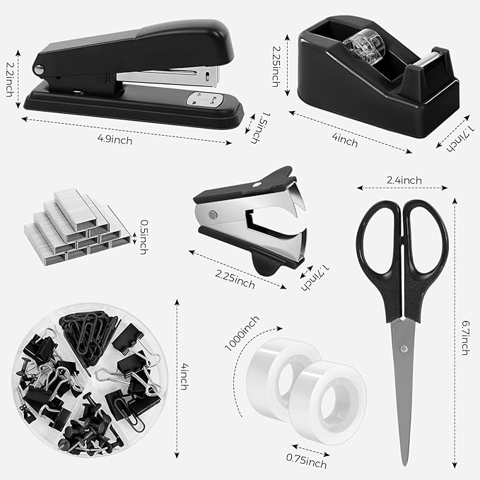 SKYDUE Black Office Supplies Set, Black Desk Accessories, Stapler, Tape Dispenser, Scissors, Binder/Paper Clips and 1000pcs Staples, Desk Supplies Set