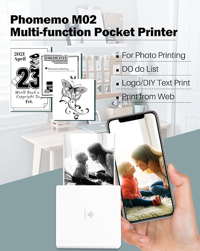 Phomemo Sticker Printer- Mini Thermal Sticker Printer Machine, Small Pocket Label Maker Instant Print for DIY Creation, Study Notes, Photos, Portable Inkless Photo Maker for Kids/Students, White