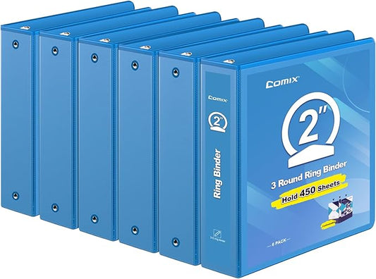 COMIX 3 Ring Binder 2 inch with Clear View Cover, 2" View Binder Holds 450 Sheets of US Letter Size Paper, 6 Pack (Light Blue)