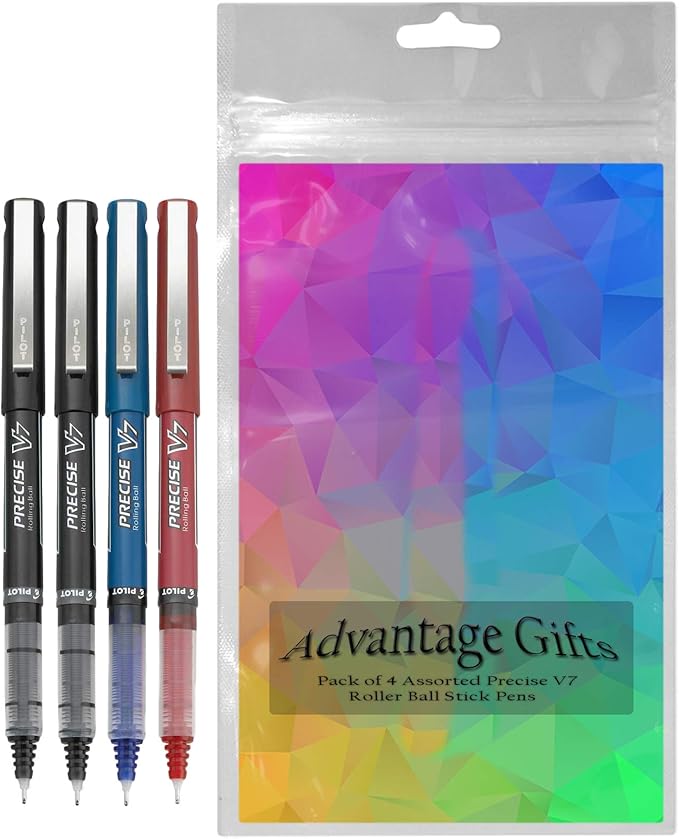 Precise V7 Stick Rolling Ball Pens, Fine Point (.7mm), Assorted Colors Black/Blue/Red Ink, 4-pk; Bundle with Plastic Reusable Pouch